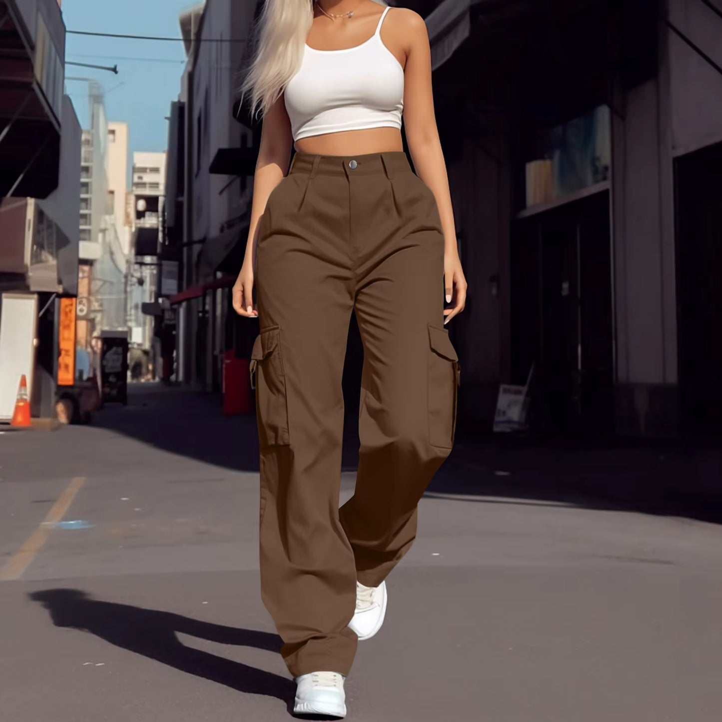 2024 Trendy Women Wide Leg Cargo Pants Street Vibes Flap Pockets Drawstring Ruched High Waist Parachute Women Pants